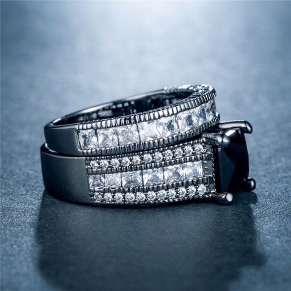 Black White Diamond Wedding Ring 2 Piece Set 7 - Picture 3 of 8